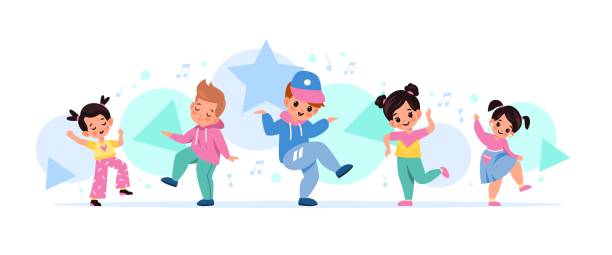 Children dancing. Happy kids move to melody together, little music fans, cute boys and girls among notes, friendly dance battle. Dance studio and art class vector cartoon concept Children dancing. Happy kids move to melody together, little music fans, cute boys and girls among notes, friendly dance battle. Hip-hop dance studio and art class vector cartoon horizontal concept mini fan stock illustrations