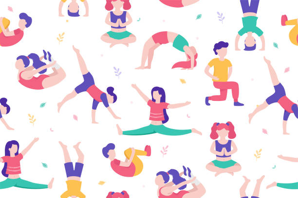 ilustrações de stock, clip art, desenhos animados e ícones de children doing activities and sports in flat design vector illustration. kids in the park seamless pattern isolated on white background doing physical exercises, yoga, stretching, gymnastics, sports - yoga crianças