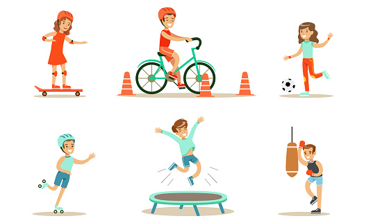 Children Doing Different Kind of Sports Set, Teen Boys and Girls Riding Bicycle, Playing Soccer, Rollerblading, Jumping On Trampoline, Boxing Vector Illustration