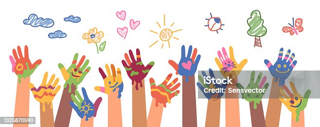 istock Children drawings with paints and crayons. Kindergarten art and positive mood, fingerprints and hands. Smiles and son, trees and clouds. Multicolor and vivid funny artwork. Flat cartoon vector 1325870590
