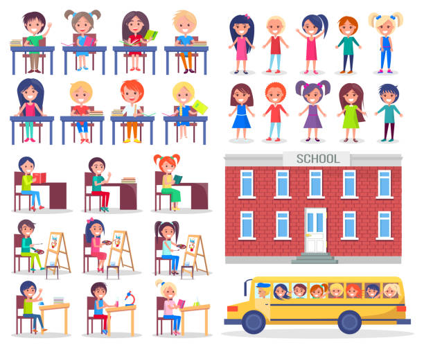 Children During Lessons and Ride in School Bus Children during lessons sit at desks, read books and ride in school bus. Educational institution and little pupils vector illustrations set. teen driving stock illustrations