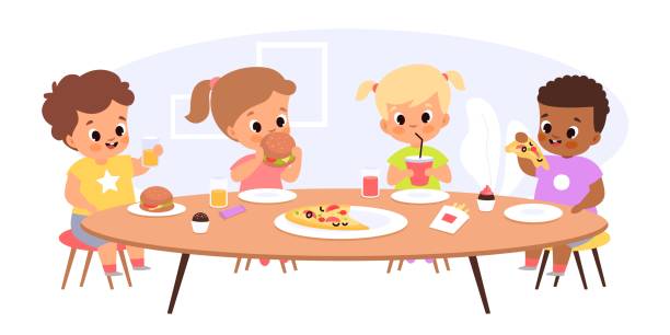 ilustrações de stock, clip art, desenhos animados e ícones de children eat together. happy kids sitting common table, junior students have lunch, young friends take fast food and snacks. hungry boys and girls with hamburgers vector cartoon concept - pizza table