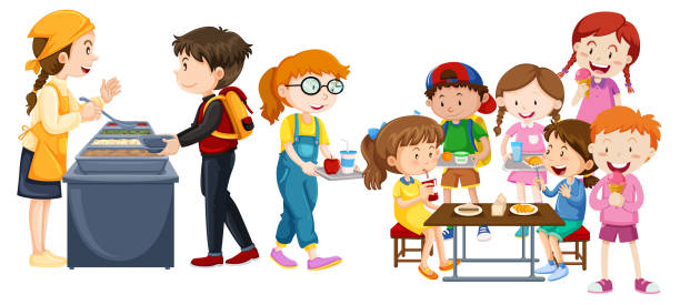 ilustrações de stock, clip art, desenhos animados e ícones de children eating at cafeteria - come e sente