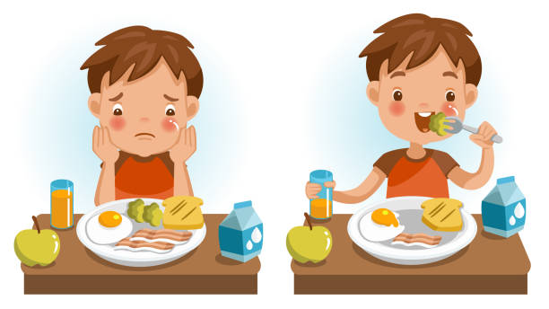 children eating Boy eating. Emotions and gestures. Conversely, Unwillingness, appetizing, Unhappy and happy. The concept of Health and growing children. Cartoon illustrations vector. Isolated on white background healthy dinner stock illustrations