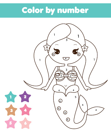 children educational game coloring page with mermaid color