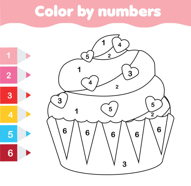 Children educational game. Coloring page with Valentine's day cupcake. Color by numbers, printable activity Children educational game. Coloring page with Valentine's day cupcake. Color by numbers, printable activity, worksheet for toddlers and pre school age. cupcakes coloring pages stock illustrations