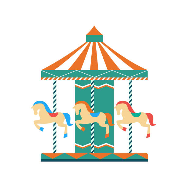 illustrations, cliparts, dessins animés et icônes de illustration plate de vecteur de carrousel de stationnement d'enfants d'isolement. - manège