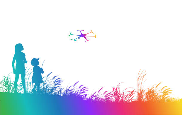 Children Flying Toy Drone Rainbow Two children flying a drone over a field. drone silhouettes stock illustrations