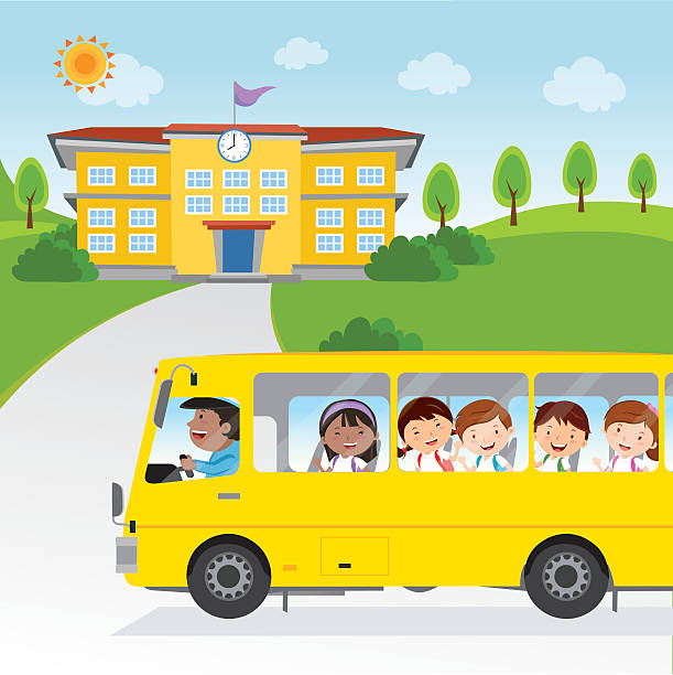 Children going to school by bus Vector illustration of a school bus driver and happy school kids. teen driving stock illustrations