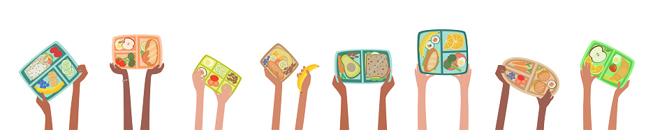 Children hands holding lunch boxes with healthy lunches food banner
