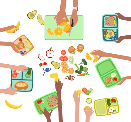 Children hands making healthy lunch for kids school lunchbox