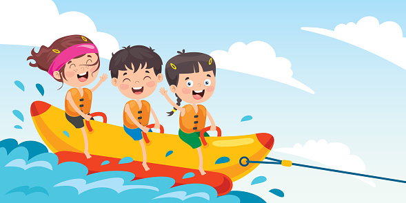 Children Having Fun On Banana Boat
