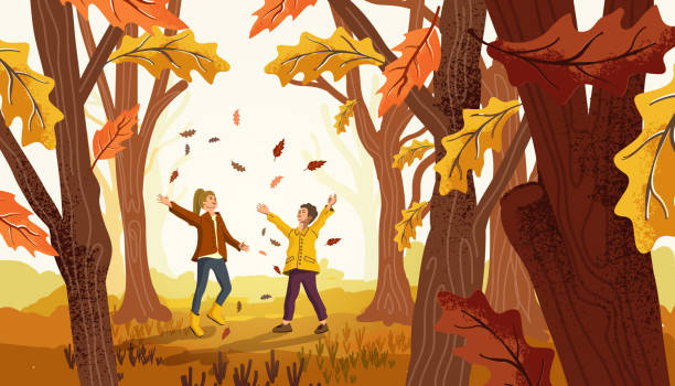 Children Having Fun With Autumn Fall Leaves vector art illustration