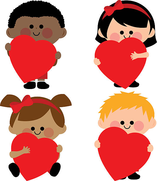 Children holding red hearts Vector illustration of a diverse group of multicultural children holding red hearts.  african american valentine stock illustrations
