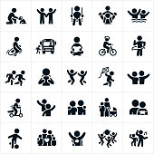 A set of children icons. The icons include children, children playing, boys, girls, families, sons, daughters, boy and a dog, children waving, child swinging, child getting a piggy back ride, children swimming, child jumping rope, child getting on a school bus, child reading, child riding a bike, children running, children jumping, child flying a kite, child riding a push scooter, childhood friends, mother and child, child playing soccer, child dressed up as a superhero, children playing with ball and children dancing to name just a few.