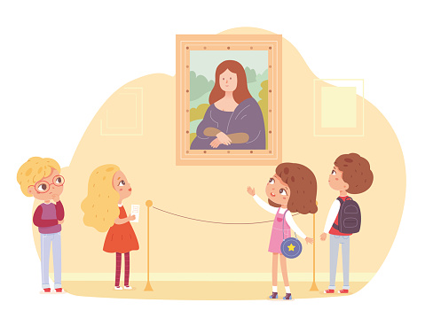 Children in art museum. Kids looking at painting with portrait in frame on wall vector illustration. School excursion scene with boys and girls.