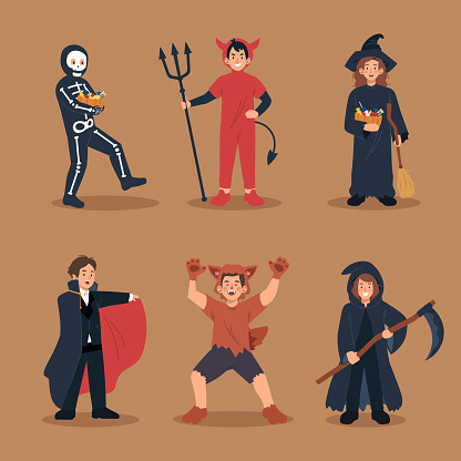 Children in halloween costumes. Skeleton, devil, witch, dracula, werewolf, grim reaper character illustration