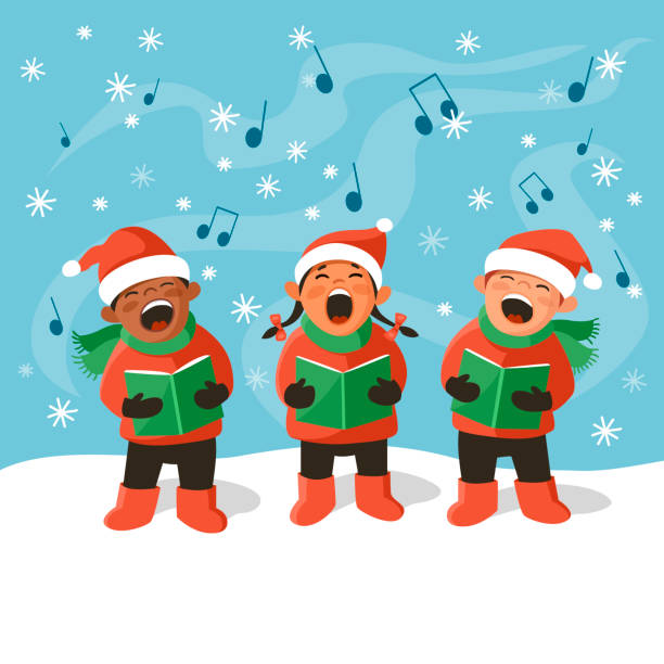 Children in santa claus hat singing carols Three cute kids in Santa hats are singing Christmas carols. Cartoon vector illustration christmas music background stock illustrations