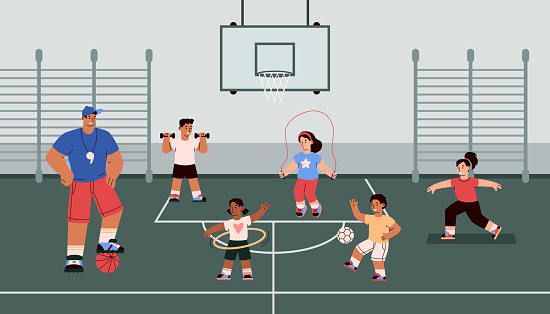 Children in the gym with a trainer physically train, vector flat illustration.