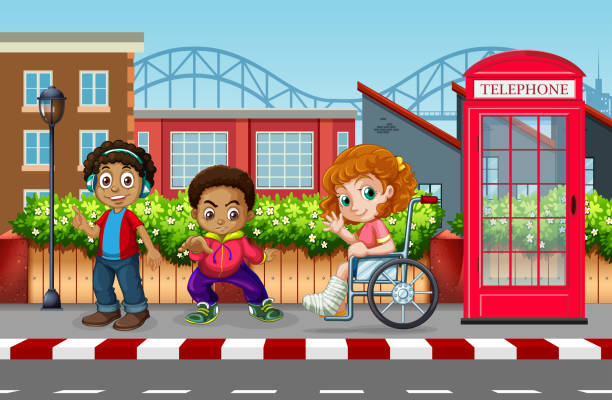 ilustrações de stock, clip art, desenhos animados e ícones de children in the urban city - wheelchair street happy