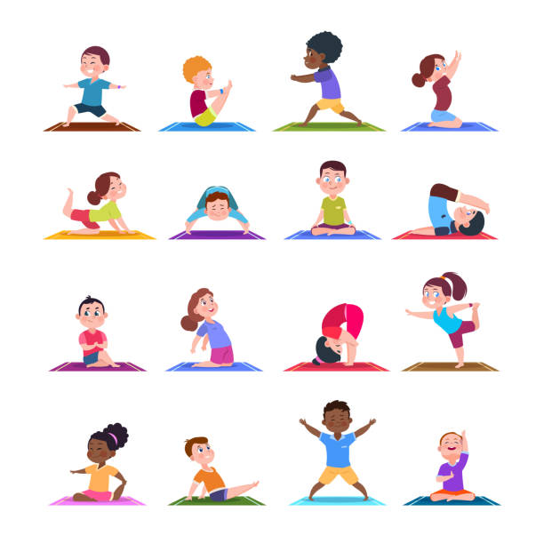 ilustrações de stock, clip art, desenhos animados e ícones de children in yoga poses. cartoon fitness kids in yoga asana. vector characters isolated set - yoga crianças