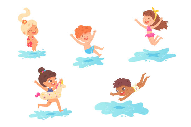 stockillustraties, clipart, cartoons en iconen met children jumping into water on summer vacations set. little boys and girls having fun vector illustration. kids spending holidays in seaside or swimming pool on white background - swimming baby
