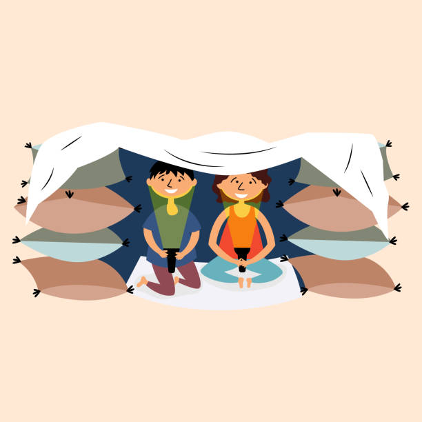Children made a pillow and a blanket-fortress Children made a pillow and a blanket-fortress. Children's building. Fortress made of pillows. Secret house of children. Pajama party. Children's tent made of wooden chairs and blankets. Vector fort stock illustrations