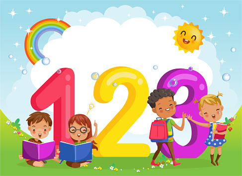 ✓ Imagen de Niños de dibujos animados con 123 números, niños con números,  ilustración vectorial de fondo Fotografía de Stock