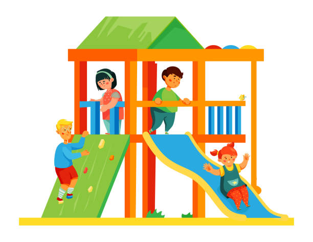 遊び場の子供たち - カラフルなフラットなデザインスタイルのイラスト - ジャングルジム点のイラスト素材／クリップアート素材／マンガ素材／アイコン素材