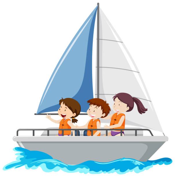 ilustrações, clipart, desenhos animados e ícones de crianças no veleiro isoladas em fundo branco - speed boat versus sail boat