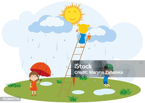 istock Children play in the rain. Little girl climbed up the ladder to the cloud to wash the sun. 1153669745