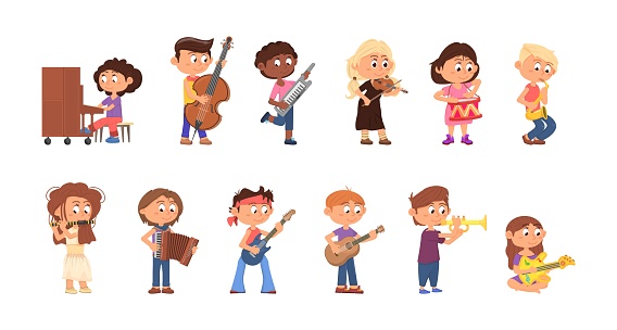 Children play music. Teens playing musical instruments, cartoon kids musicians. Cute kid hold guitar, art school or festival decent isolated vector set