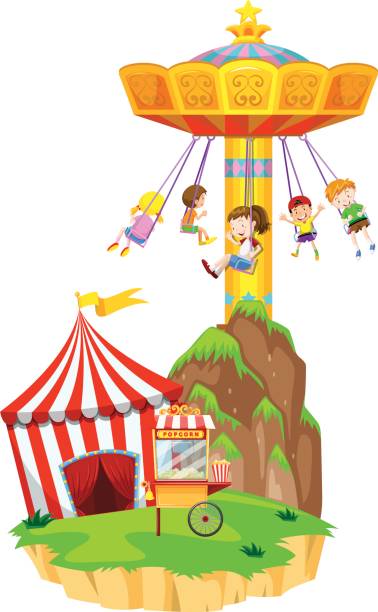 Children playing giant swing at funpark illustration