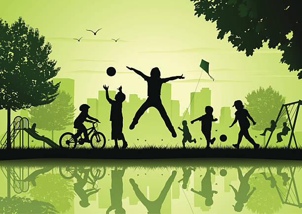 Children playing in the city park vector art illustration