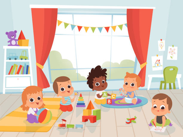 兒童遊戲室。小新生兒或1年嬰兒與玩具室內向量兒童字元 - kids playing 幅插畫檔、美工圖案、卡通及圖標