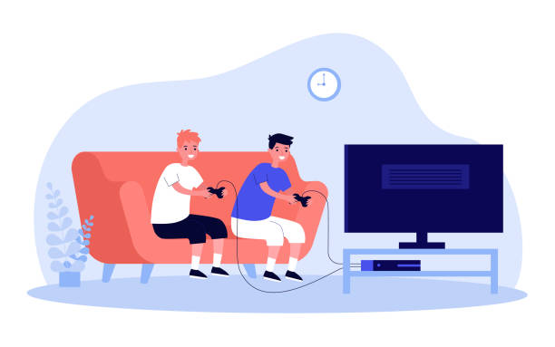 Children playing videogames Children playing videogames. Two teenage boys sitting on sofa at TV and using gamepads. Vector illustration for technology, childhood, gamers concept video game illustrations stock illustrations
