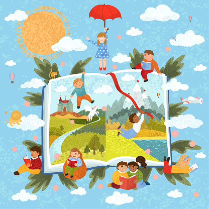 Vector colorful illustration of cute children read a book. Reading stories. The book of fairy tales.
