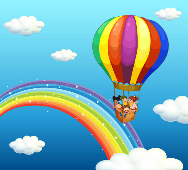 Children riding in big balloon over the rainbow illustration