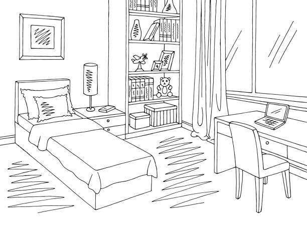 Bedroom Black White Graphic Interior Sketch Illustration Vector ...