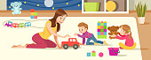 Children s creativity. Mother And Children Playing With toys in the playroom. Concept motherhood child-rearing. Vector cartoon illustration.