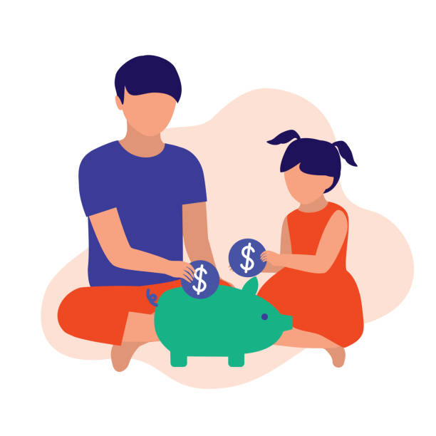 Children Saving Money. Banking And Finance Concept. Vector Illustration Flat Cartoon. Boy And Girl Putting Money Into The Coin Bank. allowance stock illustrations
