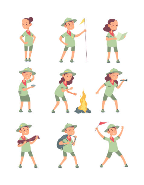 兒童偵察員卡通孩子在野營中穿著童子軍制服。有趣的男孩和女孩旅遊向量字元 - rangers 幅插畫檔、美工圖案、卡通及圖標