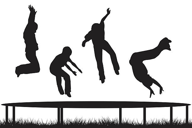 illustrazioni stock, clip art, cartoni animati e icone di tendenza di bambini saltando sul trampolino nel giardino modelli - tappeto elastico