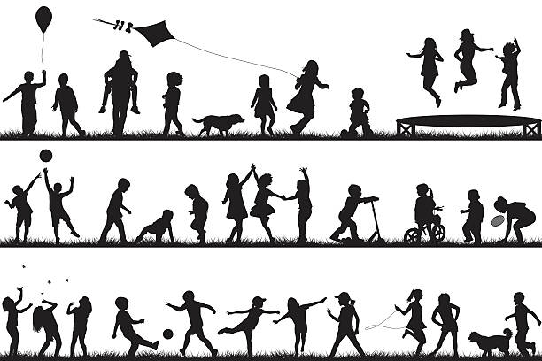 bildbanksillustrationer, clip art samt tecknat material och ikoner med children silhouettes playing outdoor - outdoor running