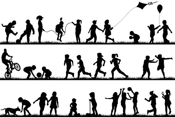Children silhouettes playing outdoor Children silhouettes playing outdoor child silhouettes stock illustrations