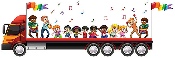 Children singing and dancing on the truck illustration