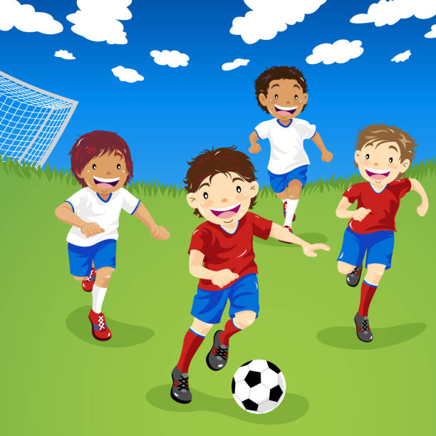 ilustrações de stock, clip art, desenhos animados e ícones de children soccer competition - amigos jogo futebol
