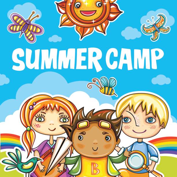 Children Summer camp series Colorful floral poster with little children friends, book, magnifying glass, birds, clouds and sky. Summer playground. Template for brochure, website banners, kids party invitation, summer art camp adventure borders stock illustrations