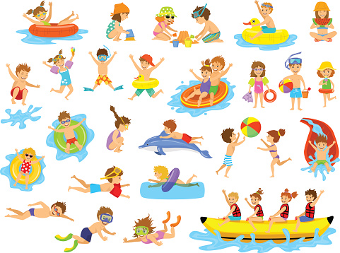 Children summer holidays fun activities at beach on water.