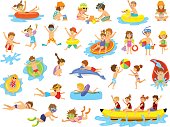 Children summer holidays fun activities at beach on water. Boys and girls swim, dive, jump, sliding in aquapark, floating on inflatable mattresse, eating ice cream and watermelon, building making sand castle, playing ball, snorkeling, riding banana boat and dolphin